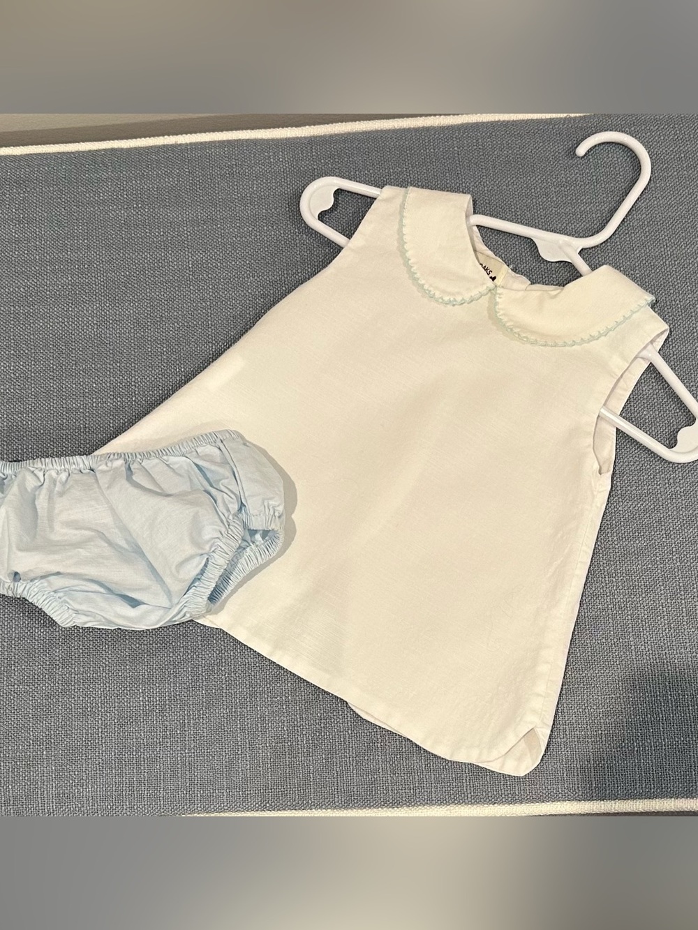 Classic White Peter Pan Collar Kids Matching Set with Light Blue Bloomers